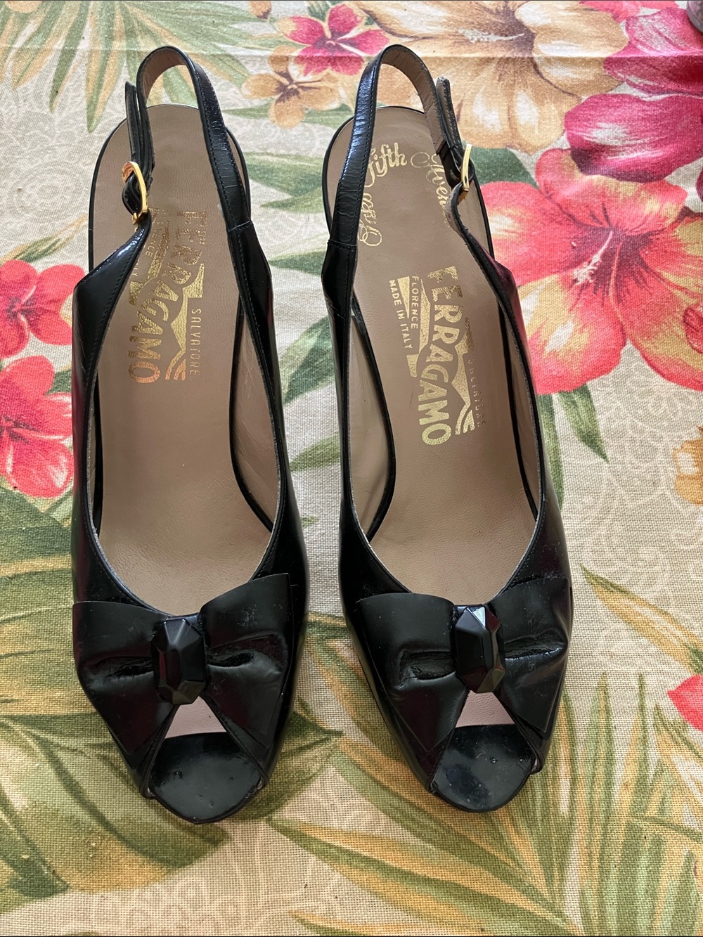Vintage Salvatore Ferragamo Black Patent Leather Peep-Toe Slingback Mules